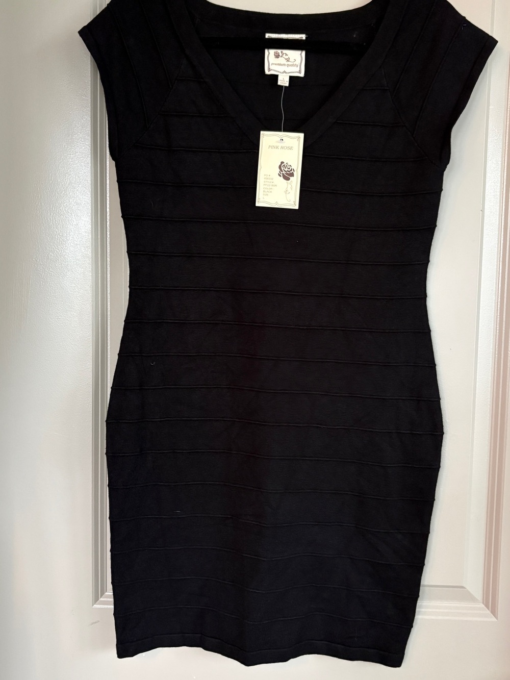 Pink Rose Black Bandage Bodycon Dress L NWT